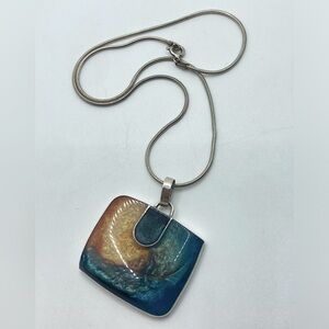 VTG Sterling JP 925 Square Blue Yellow Metallic Abstract Pendant & Chain 15”
